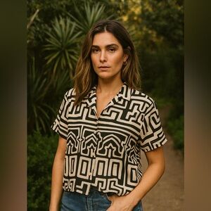 Rachel Zoe Women’s Small Black Cream Aztec Print Linen Short Sleeve Button Shirt